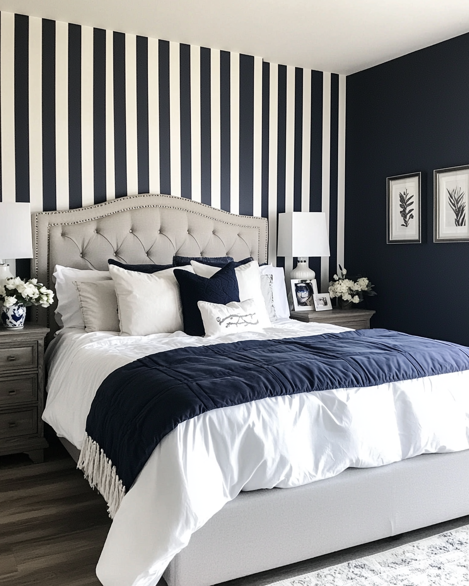 Coastal Navy Grey Bedroom Striped Wallpaper Fresh Classy Vibes