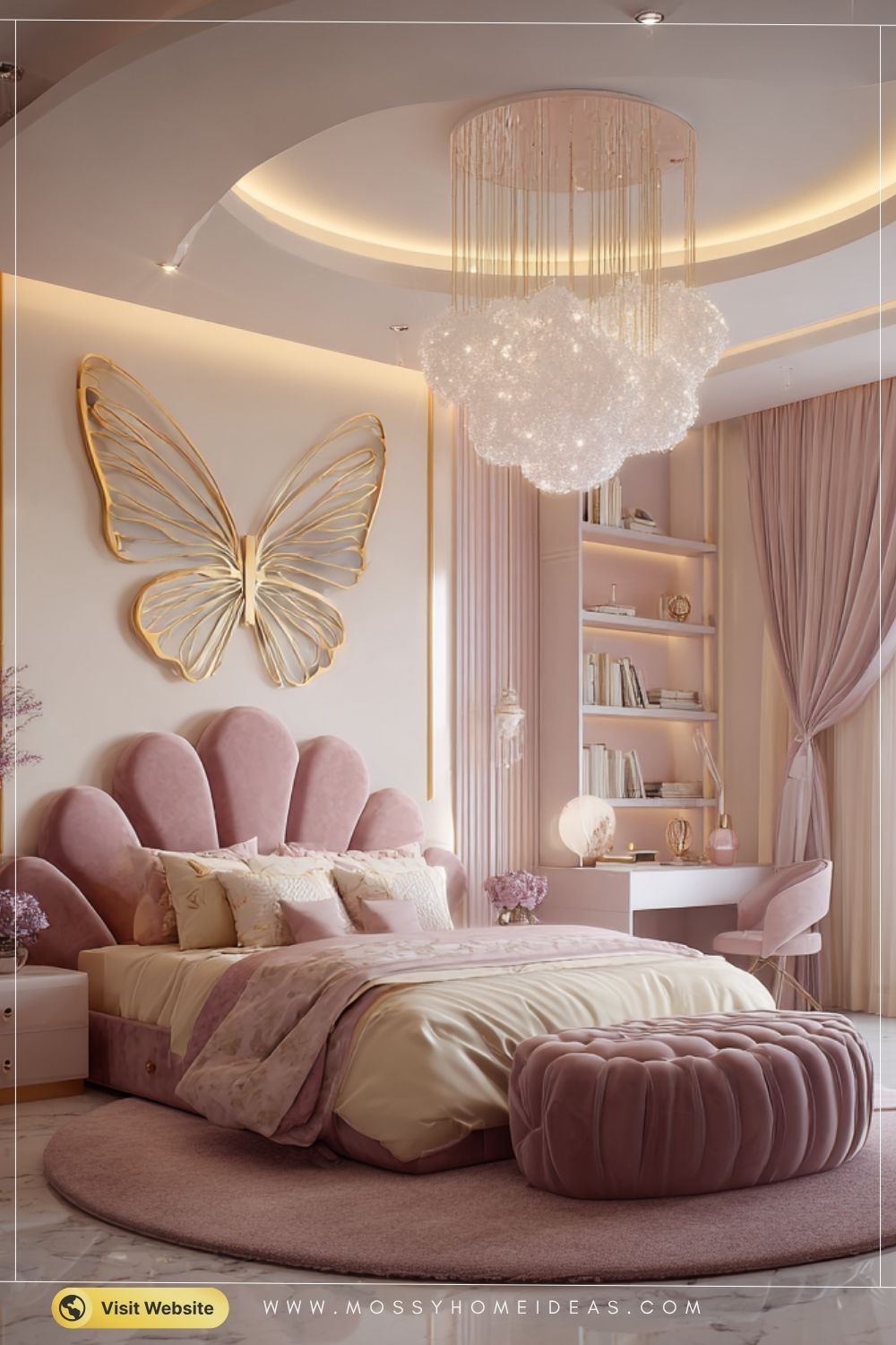 Dreamy Pink Girls Bedroom with Butterfly Cloud Chandelier