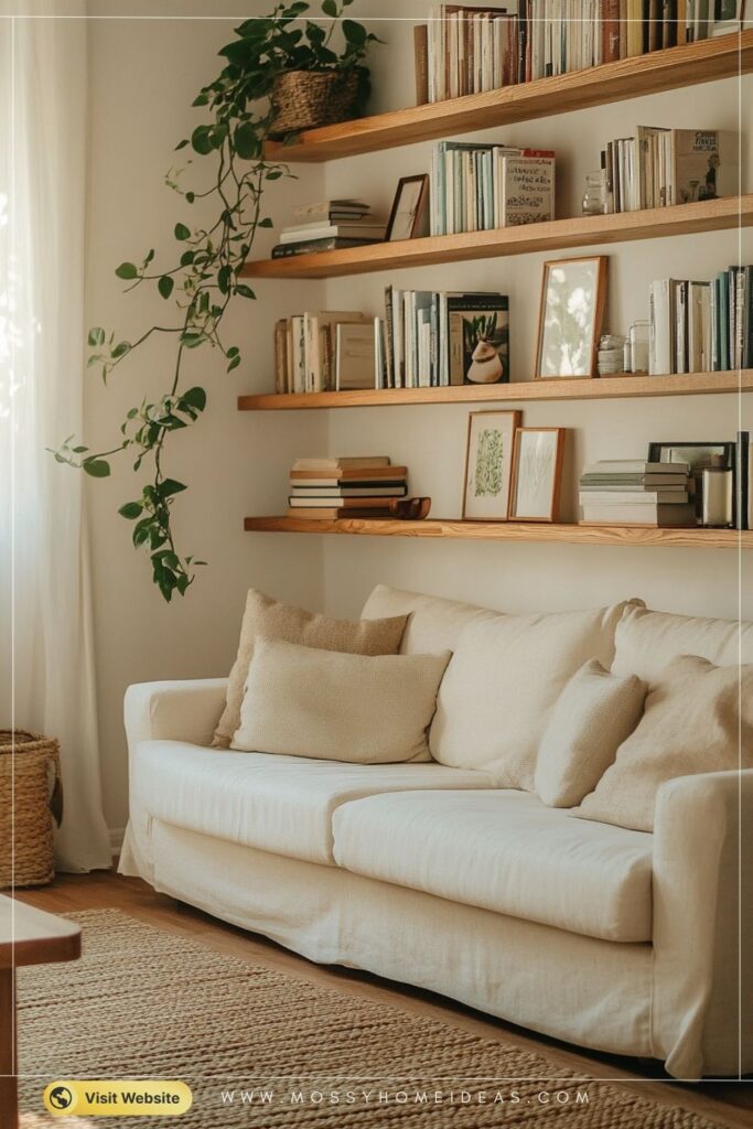 Floating Wall Shelves in Warm Oak for an Airy Small Living Room