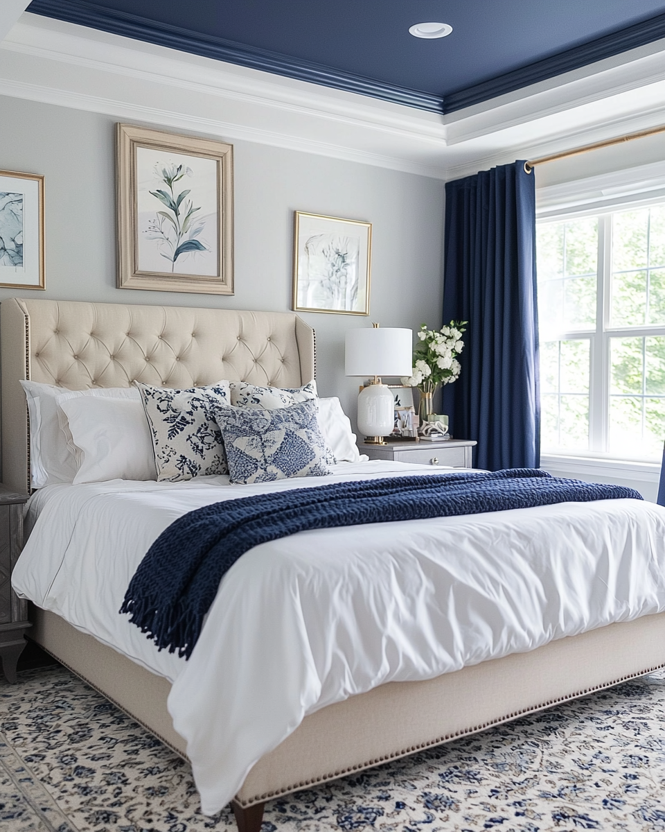 Modern Navy Grey Bedroom Bold Feature Ceiling Refined Look