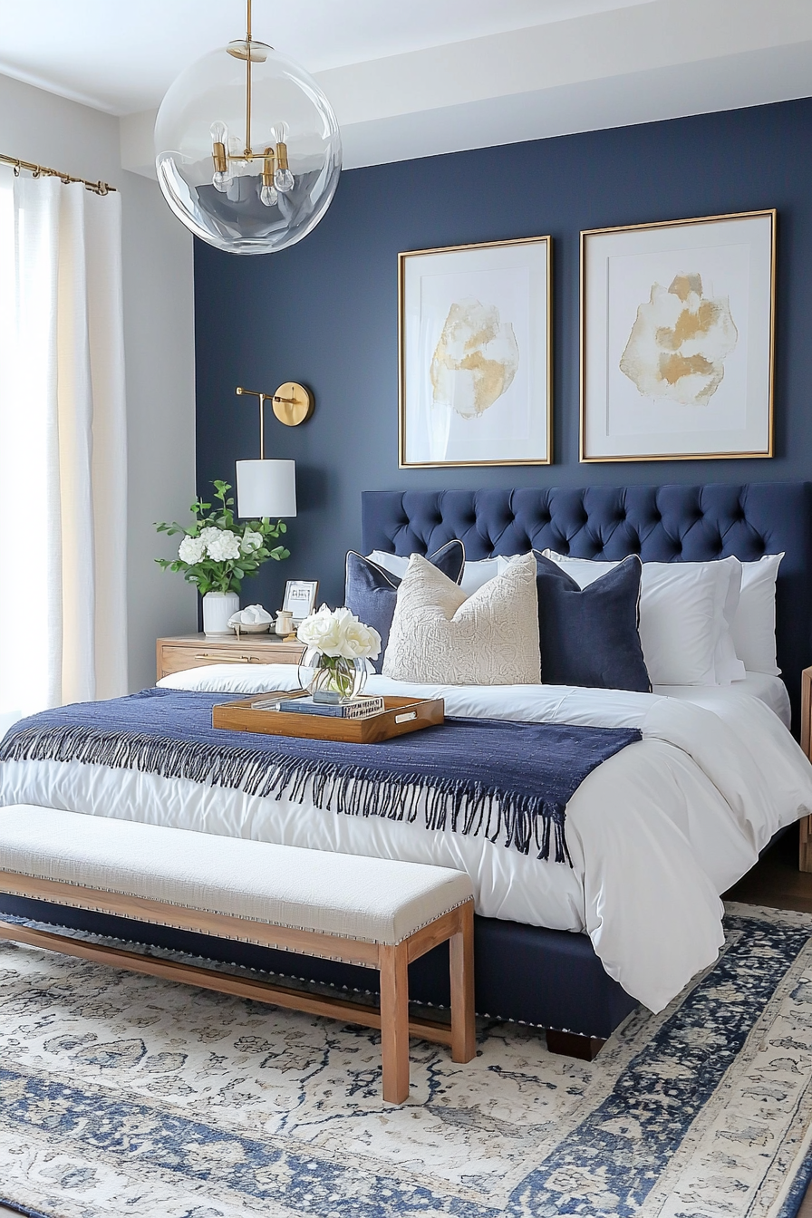 Modern Navy and Grey Bedroom Warm Wood Tones Sophisticated Style