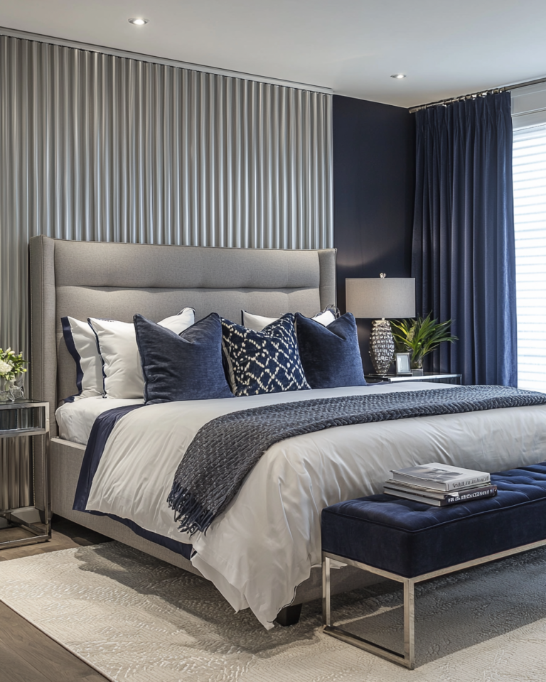 Navy Blue and Grey Bedroom Bold Elegant Modern Aesthetic