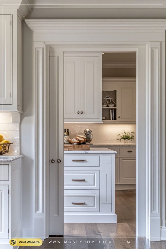 Pantry Door with Decorative Moldings in a Soft Mauve Kitchen