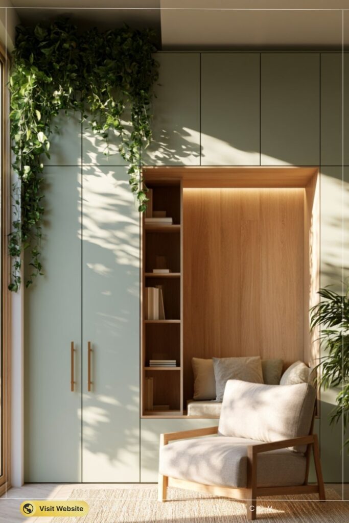 Sage Green Built-In Bookshelf Wall for Calm Living Rooms