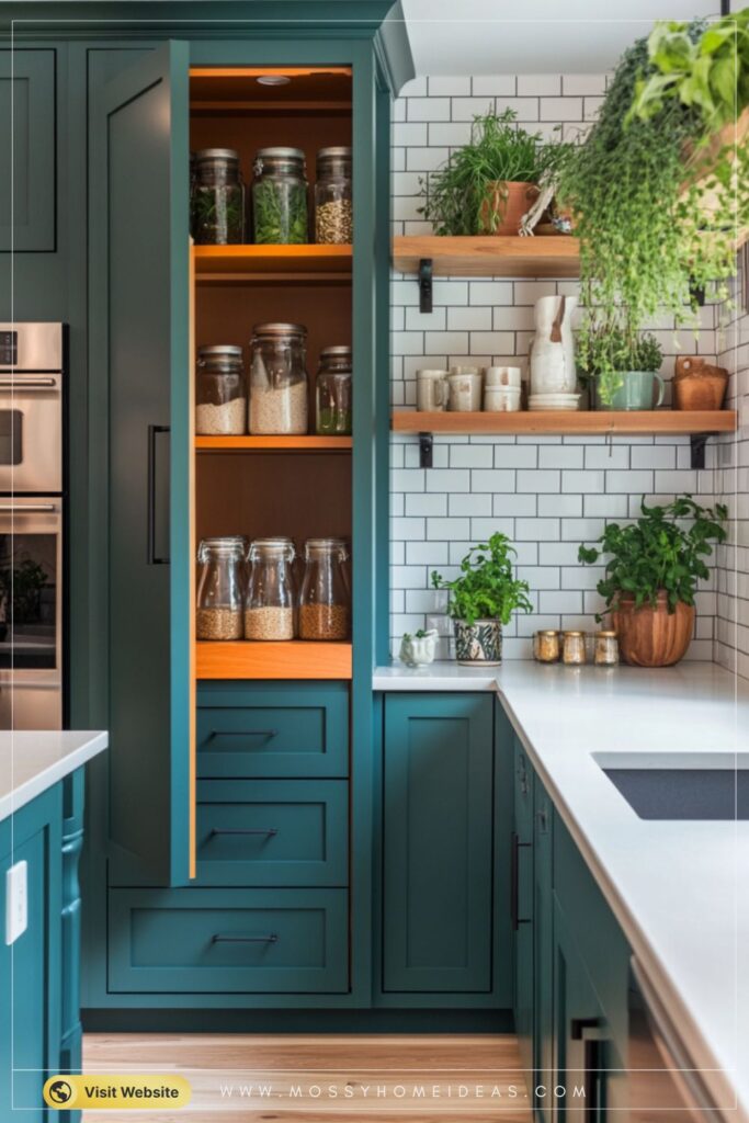 Vibrant Teal & Orange Kitchen with Open Pantry Shelving