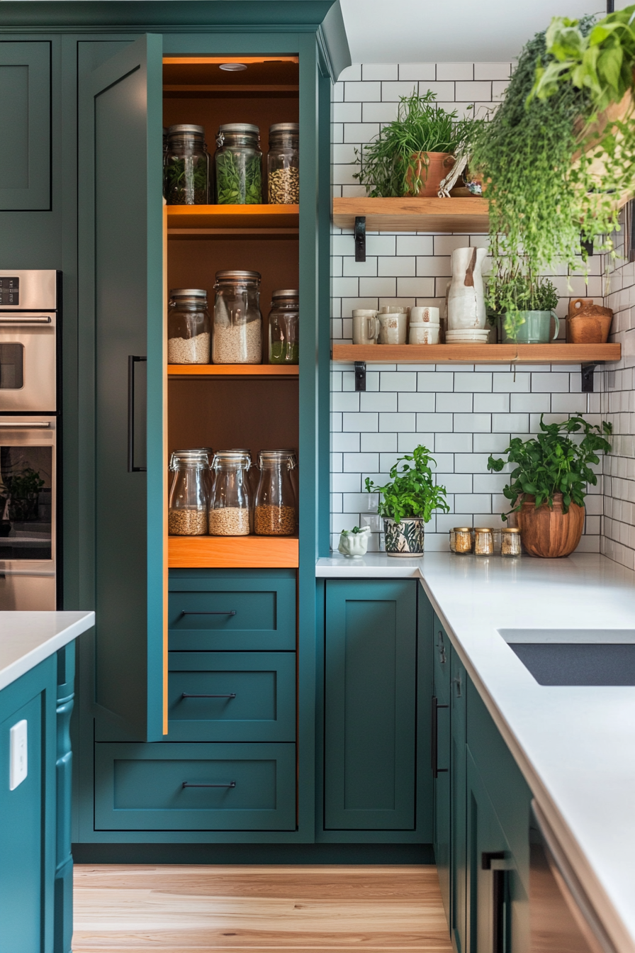 Vibrant Teal & Orange Kitchen with Open Pantry Shelving