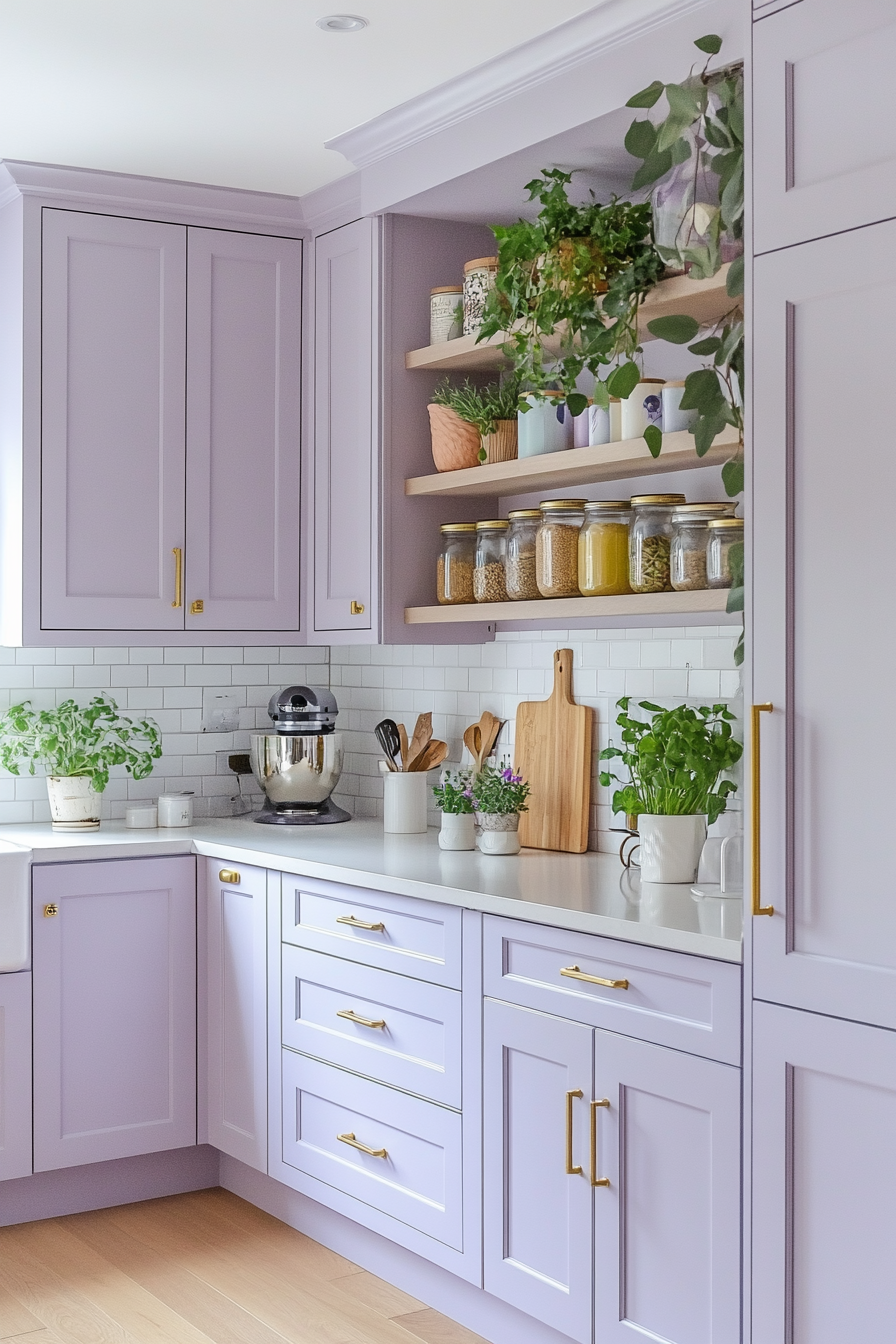 Whimsical Lavender & Mustard Kitchen with Open Pantry