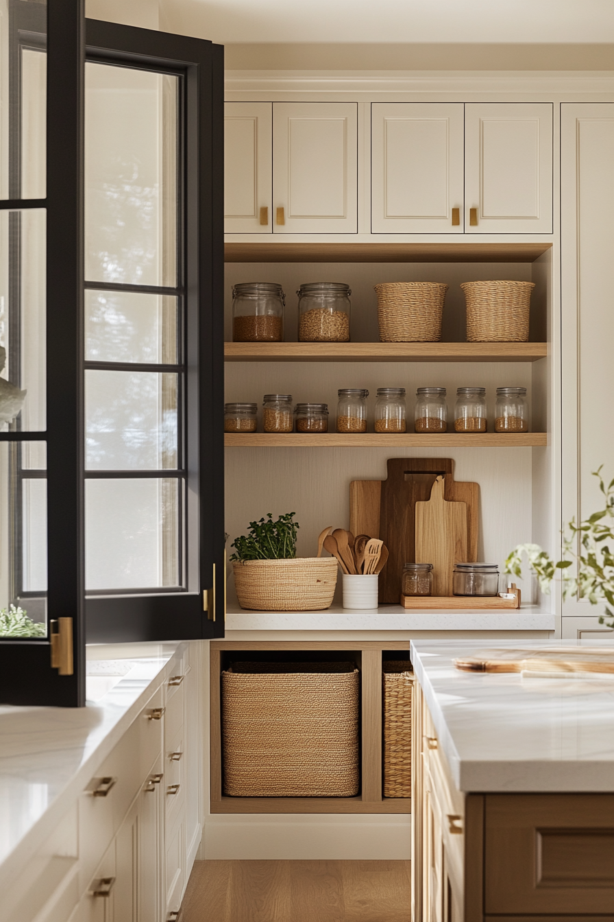 : Sleek Glass Pantry Door in a Bright Modern Kitchen