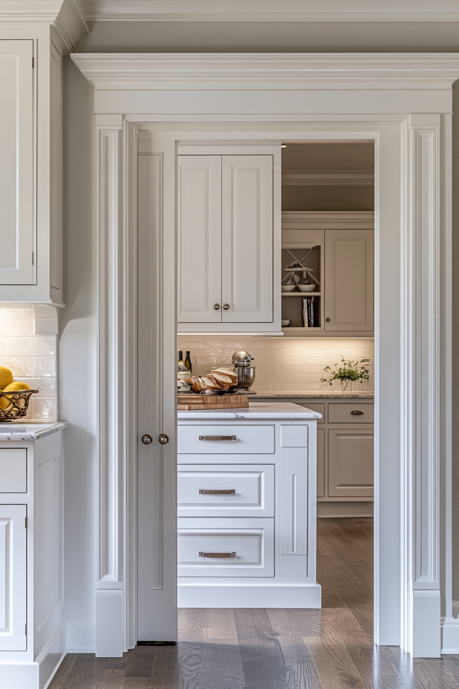 Pantry Door with Decorative Moldings in a Soft Mauve Kitchen