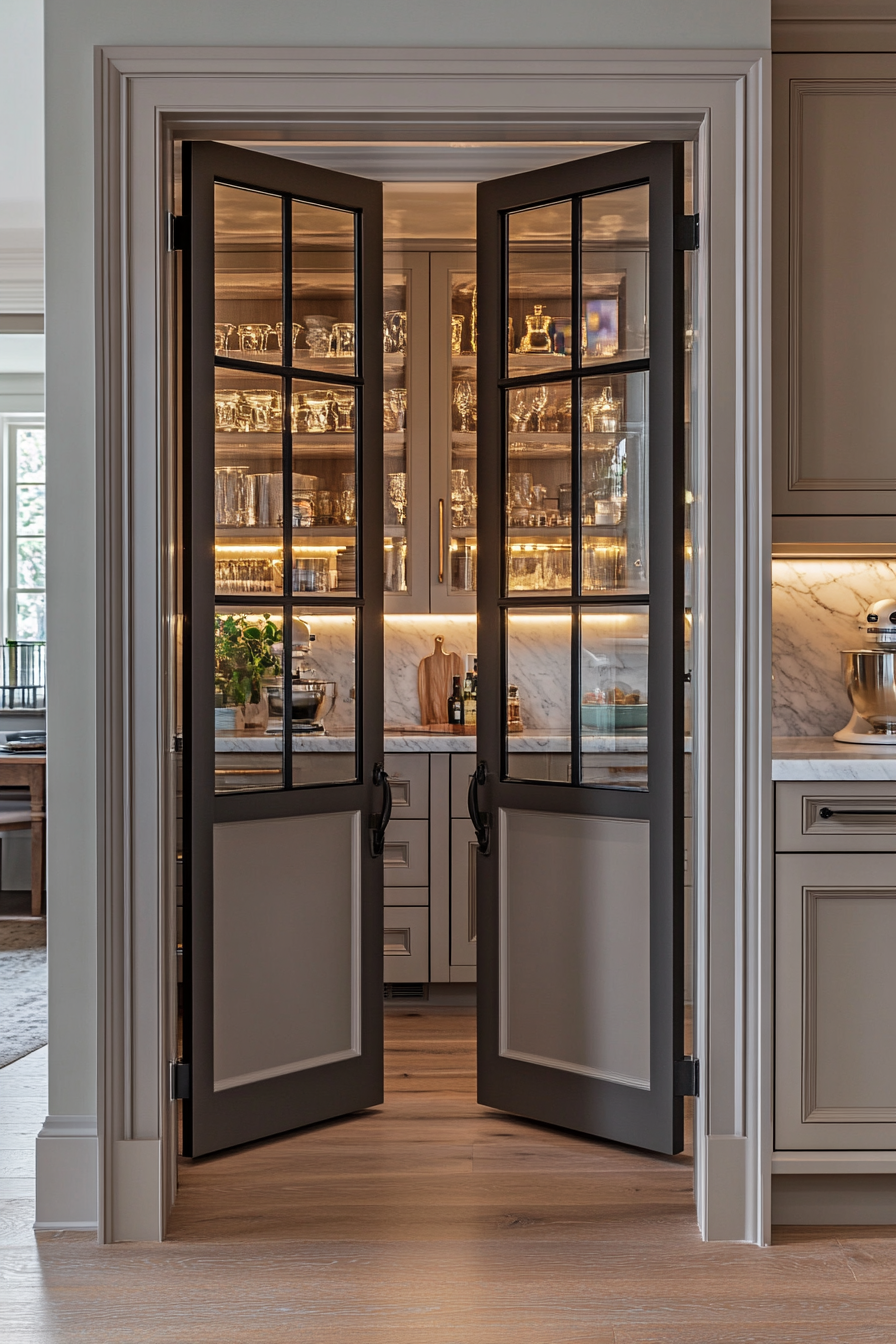 Elegant Slim French Pantry Doors in a Warm Greige Kitchen