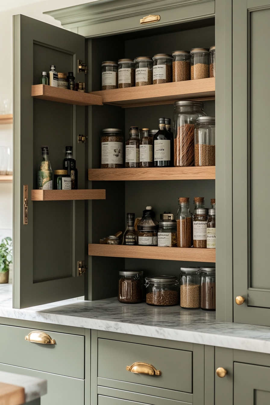 Pantry Door with Built-In Spice Storage in Olive Green