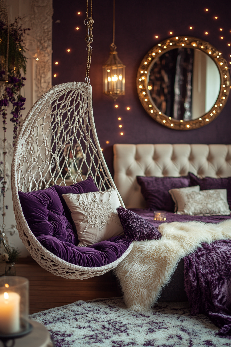 : Luxe Plum Bedroom with a Dreamy Hanging Chair