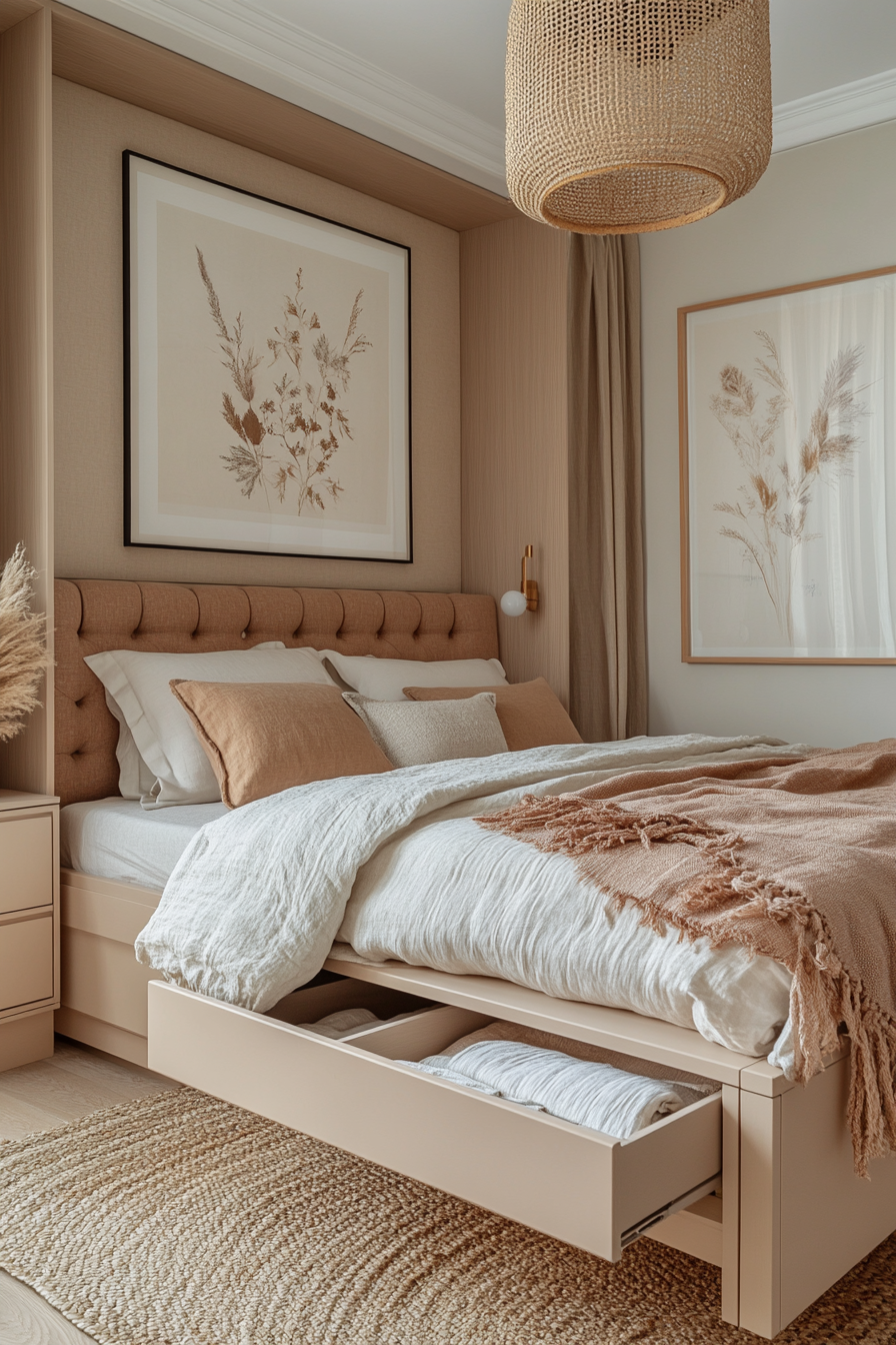 Built-In Storage Bed with Hidden Drawer in Warm Clay