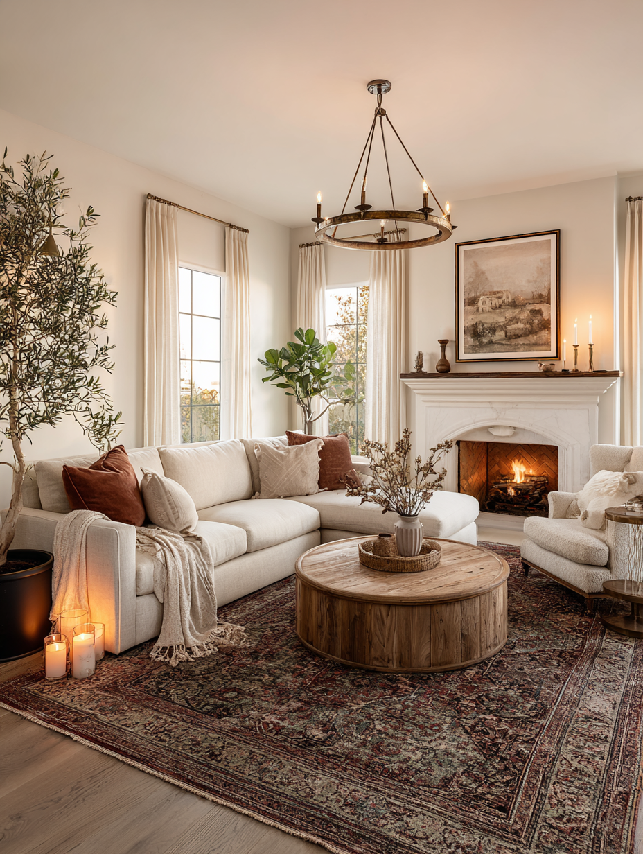 Warm Beige Cozy Living Room with Fireplace Mantel & Brass Chandelier