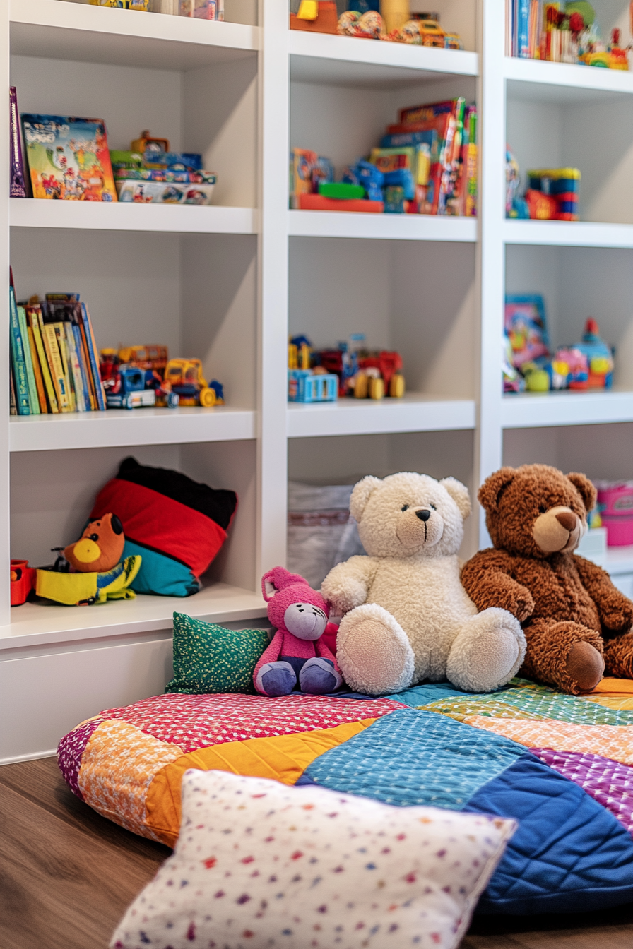 patchwork quilt mat, teddy bears, built-in white shelves