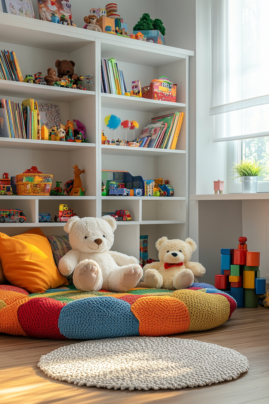 white teddy bears, rainbow round cushion, sunlit window