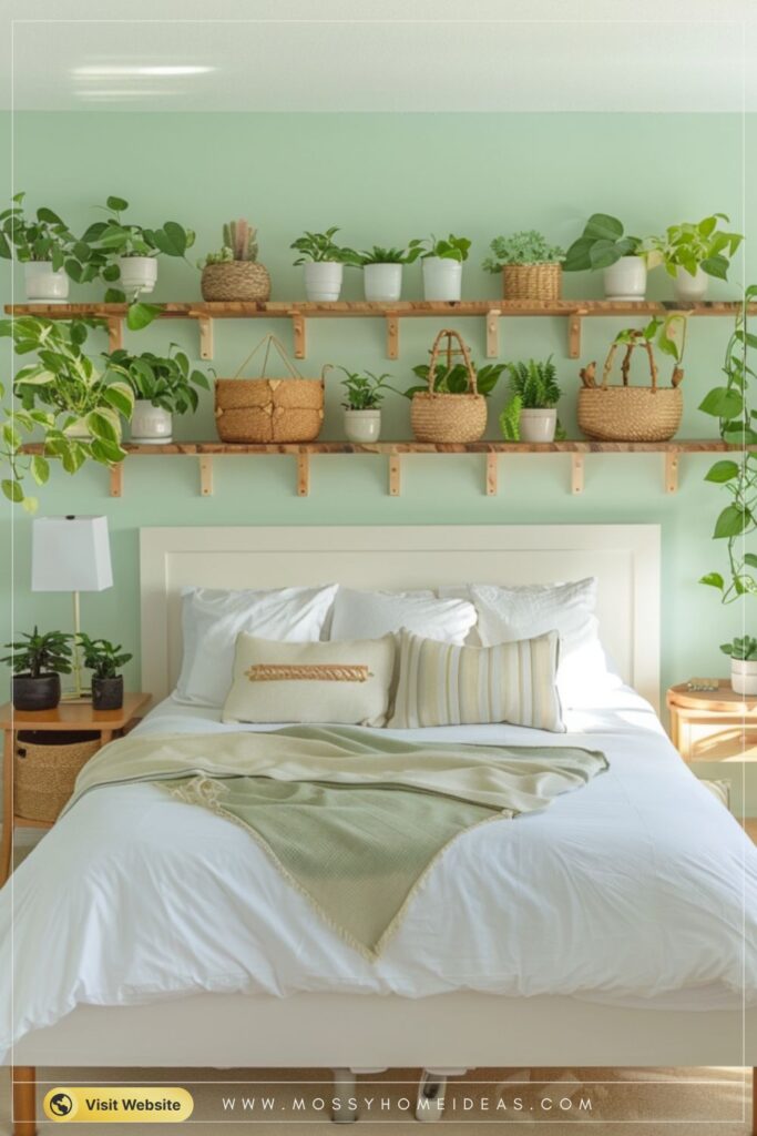 Airy Green Scandinavian Bedroom with a Wall-Mounted Plant Shelf