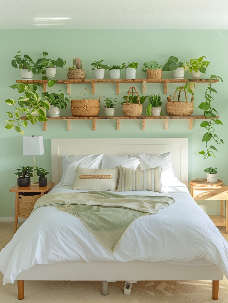 Airy Green Scandinavian Bedroom with a Wall-Mounted Plant Shelf