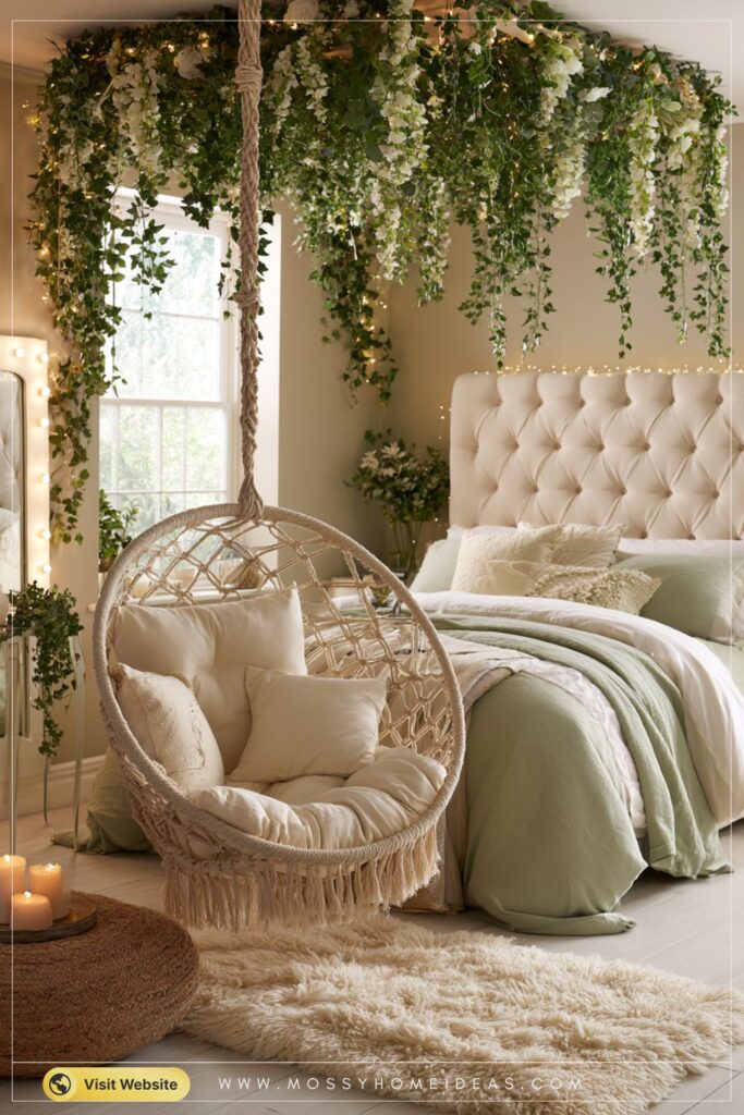 Botanical Sage-Green Bedroom with a Boho Hanging Chair