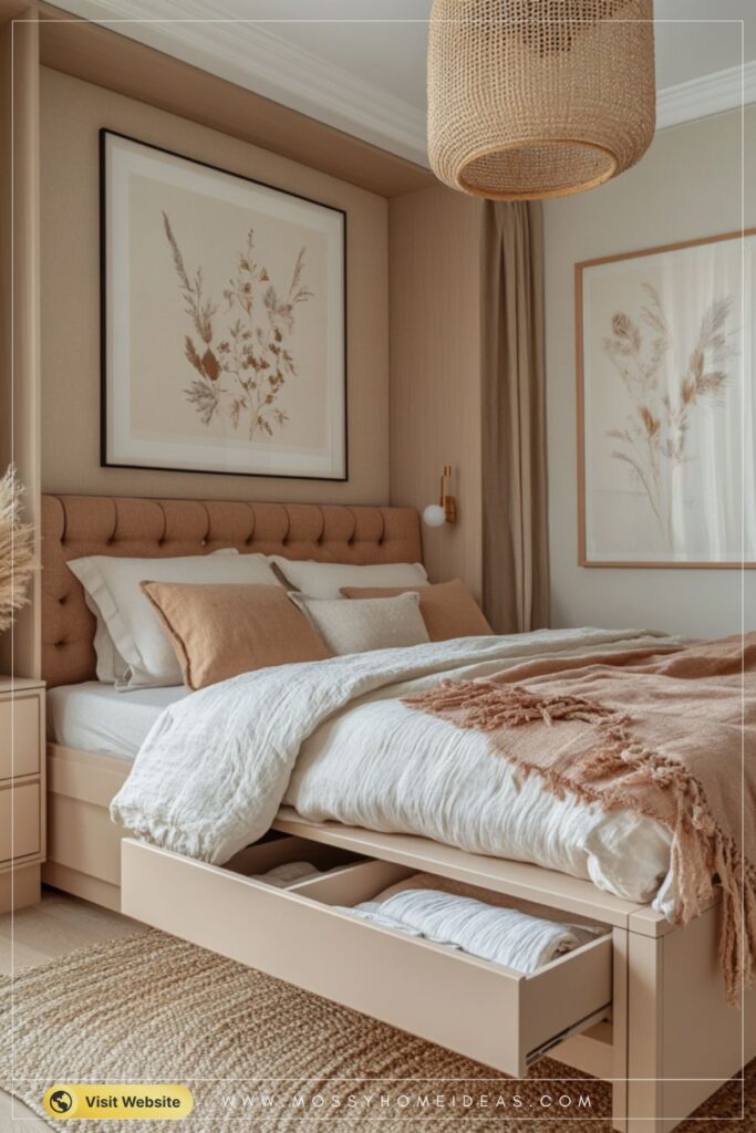 Built-In Storage Bed with Hidden Drawer in Warm Clay