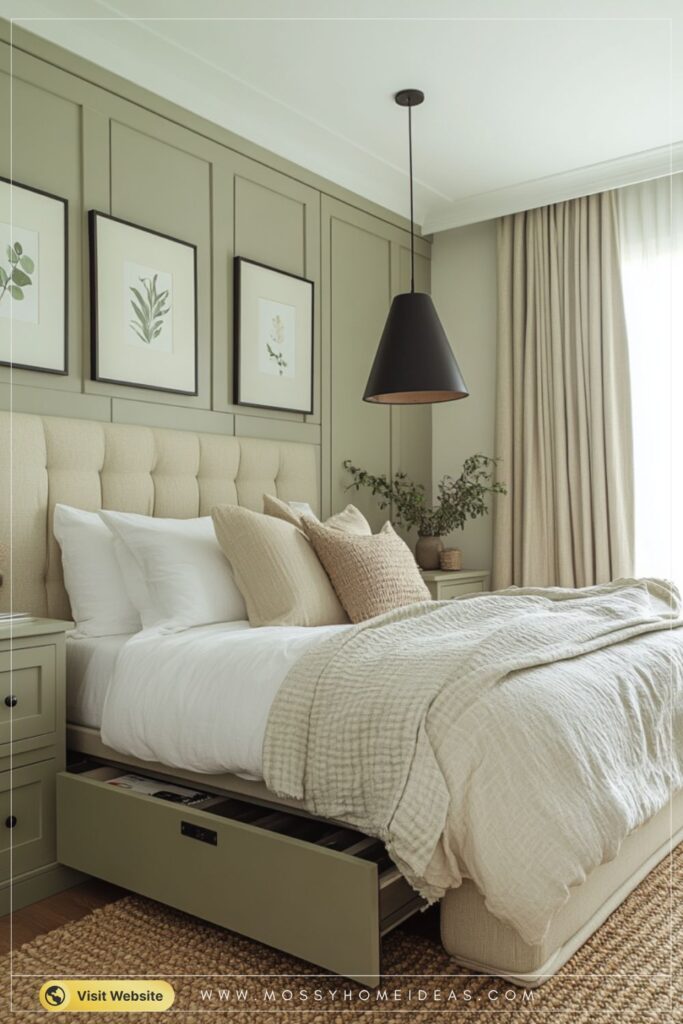 Built-In Wardrobe Bed with Hidden Drawer in Soft Olive