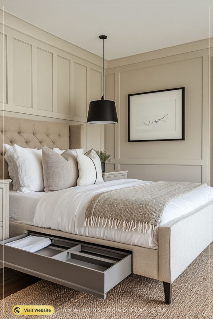 Built-In Wardrobe Bed with Secret Footboard Drawer in Oat Beige