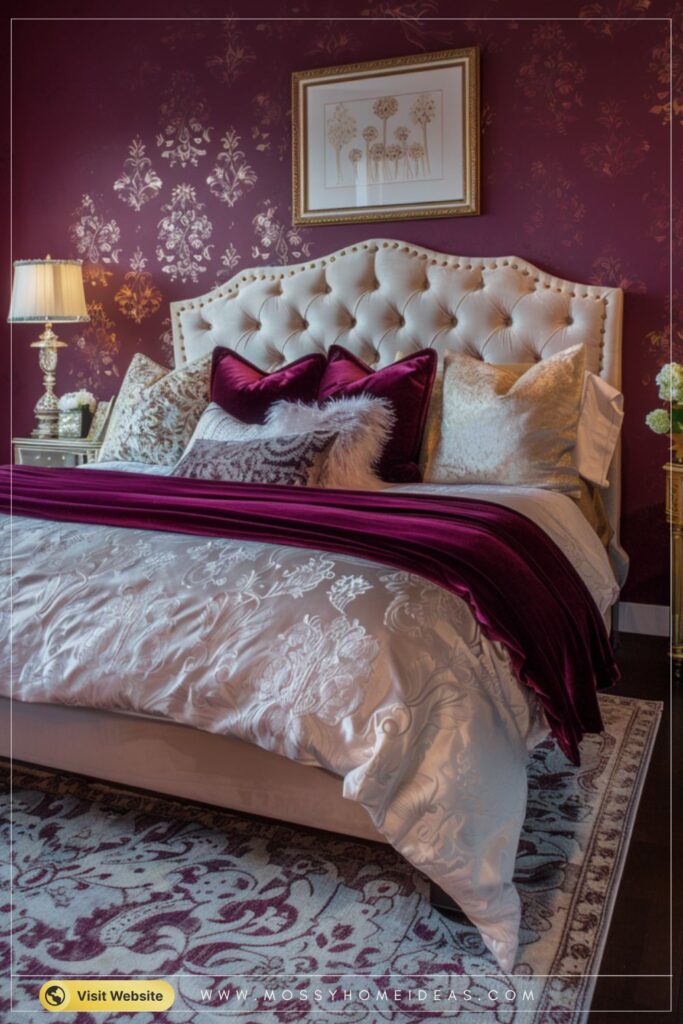 Burgundy Cream Damask Bedroom Wall Stencil Ideas
