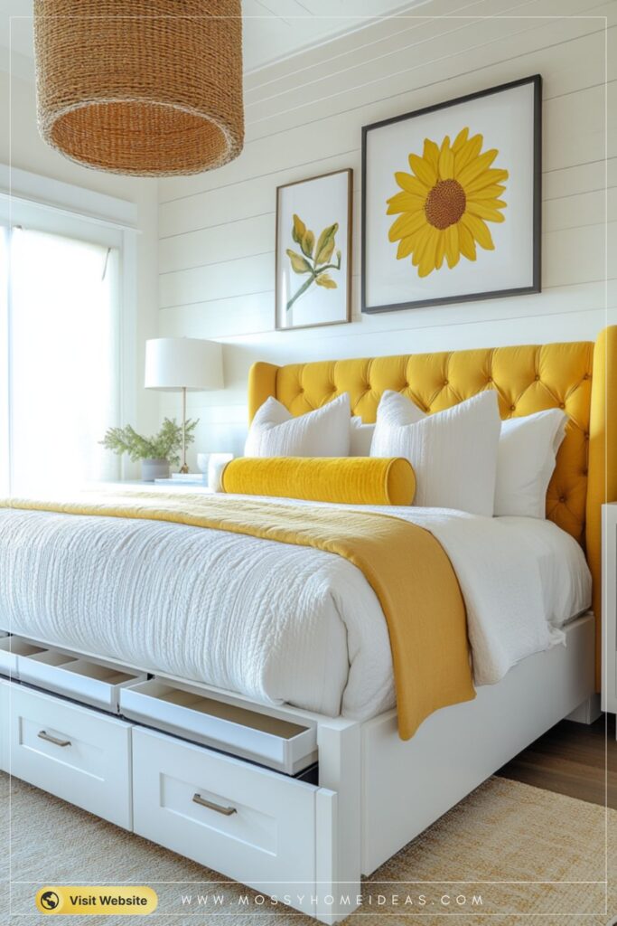 Cheerful Built-In Storage Bed with Drawer in Buttery Yellow