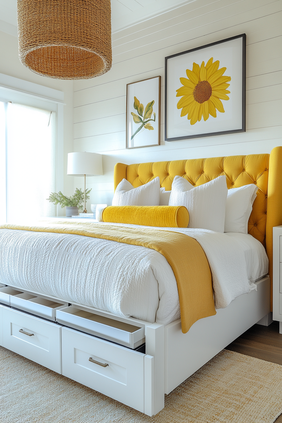 Cheerful Built-In Storage Bed with Drawer in Buttery Yellow