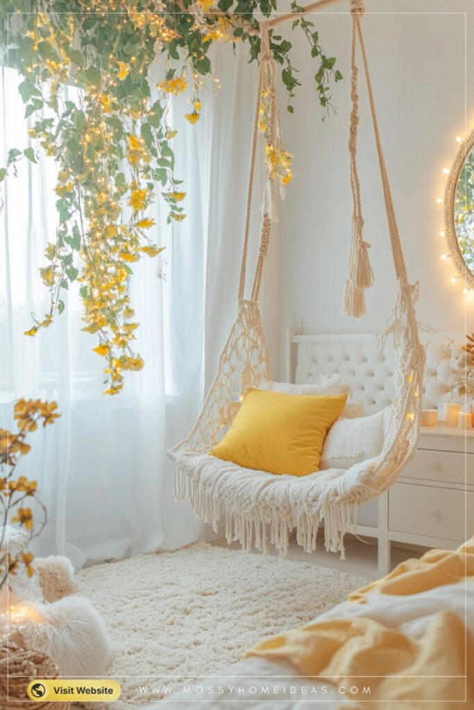 Cheerful Buttery-Yellow Bedroom with a Hanging Chair