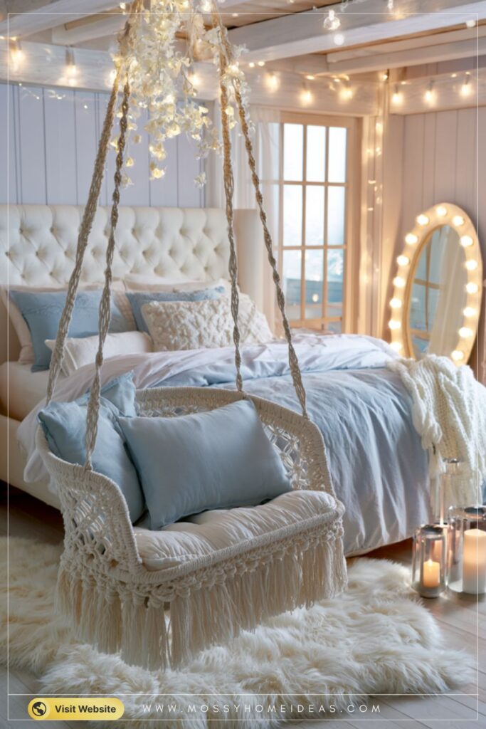 Coastal Dusty-Blue Bedroom with a Hanging Swing Chair