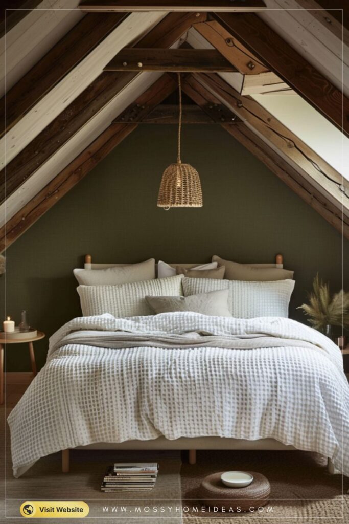 Cozy Green Scandinavian Bedroom with a Rustic Wood Ceiling