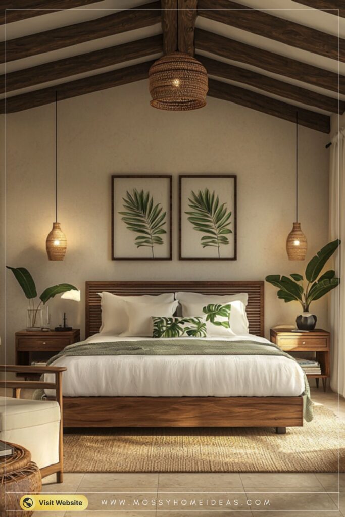 Cozy Resort Style Bedroom Wooden Beams Rattan Chair Look