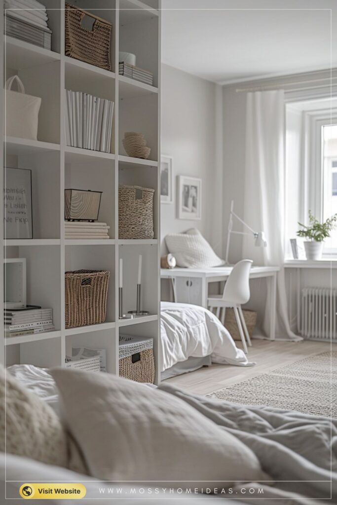 Cube Storage Divider for a Bright Studio Bedroom
