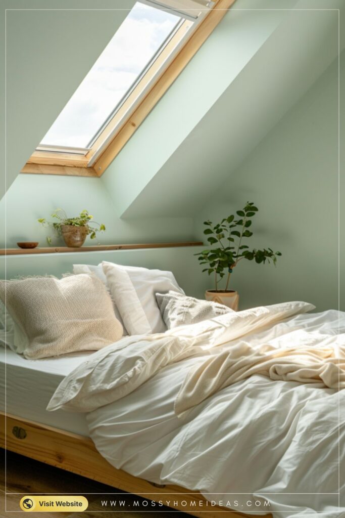 Dreamy Green Scandinavian Bedroom with a Skylight Window View