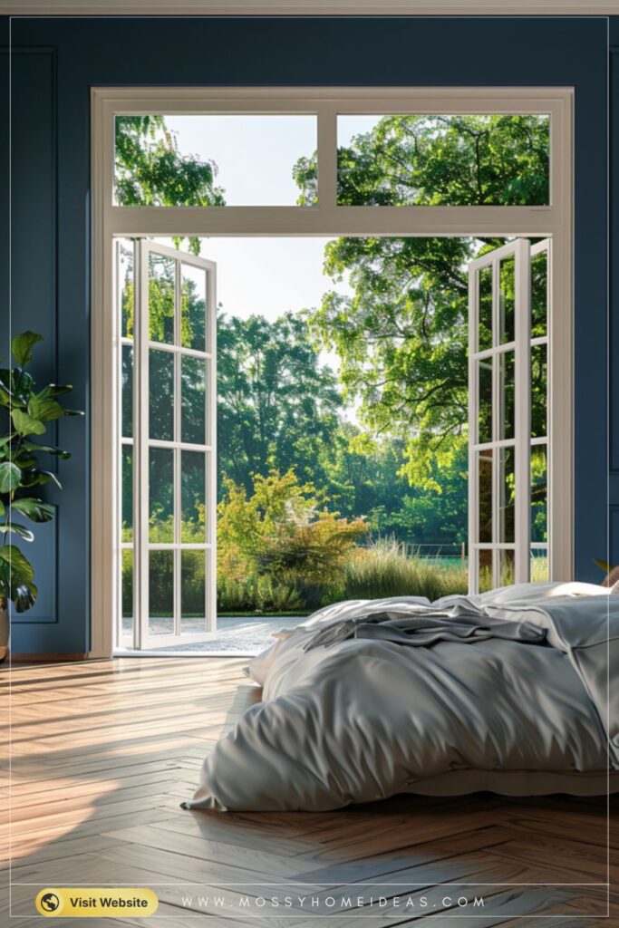 Dusty Blue White Bedroom Full Room Patio Door Countryside