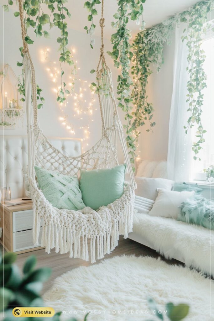 Fresh Mint-Green Bedroom with a Boho Hanging Chair