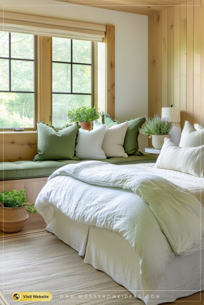 Fresh Scandinavian Green Bedroom with a Built-In Window Seat