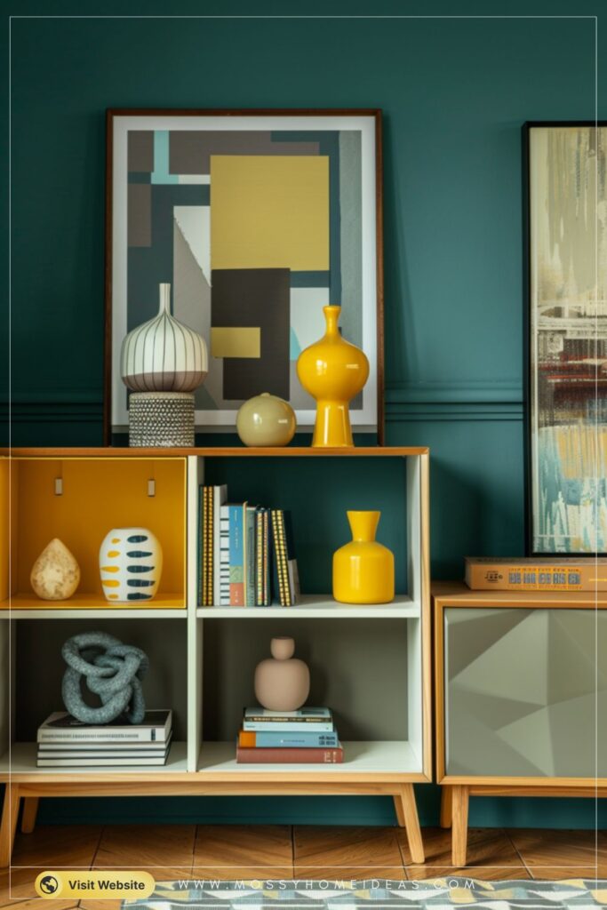 Geometric Open Shelf Unit with Bold Mustard Accents