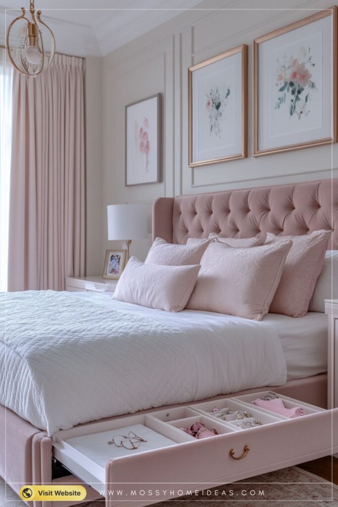 Glam Built-In Storage Bed with Drawer in Soft Blush