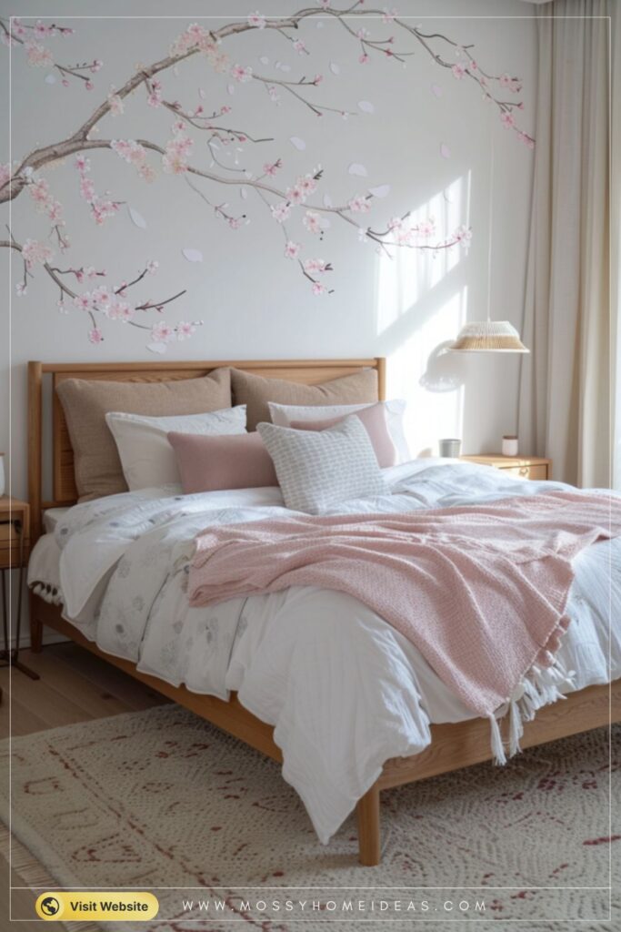 Grey Dusty Pink Cherry Blossom Bedroom Wall Stencil