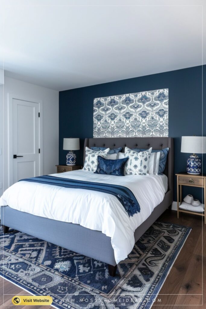 Indigo White Ikat Bedroom Wall Stencil Design Ideas