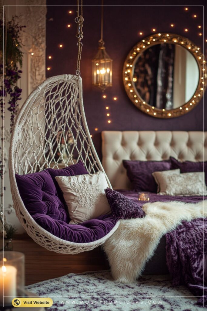 Luxe Plum Bedroom with a Dreamy Hanging Chair