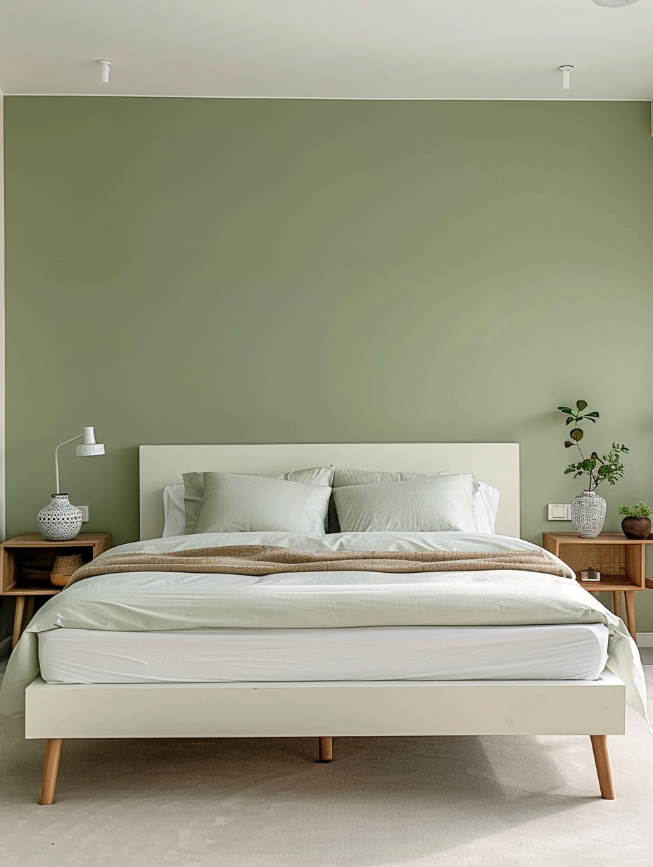 Minimalist Green Scandinavian Bedroom with a Floating Nightstand