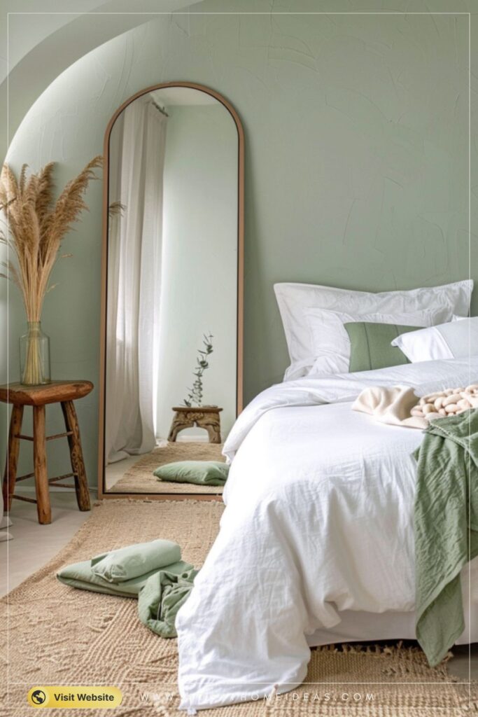Modern Green Scandinavian Bedroom with a Sculptural Mirror Wall