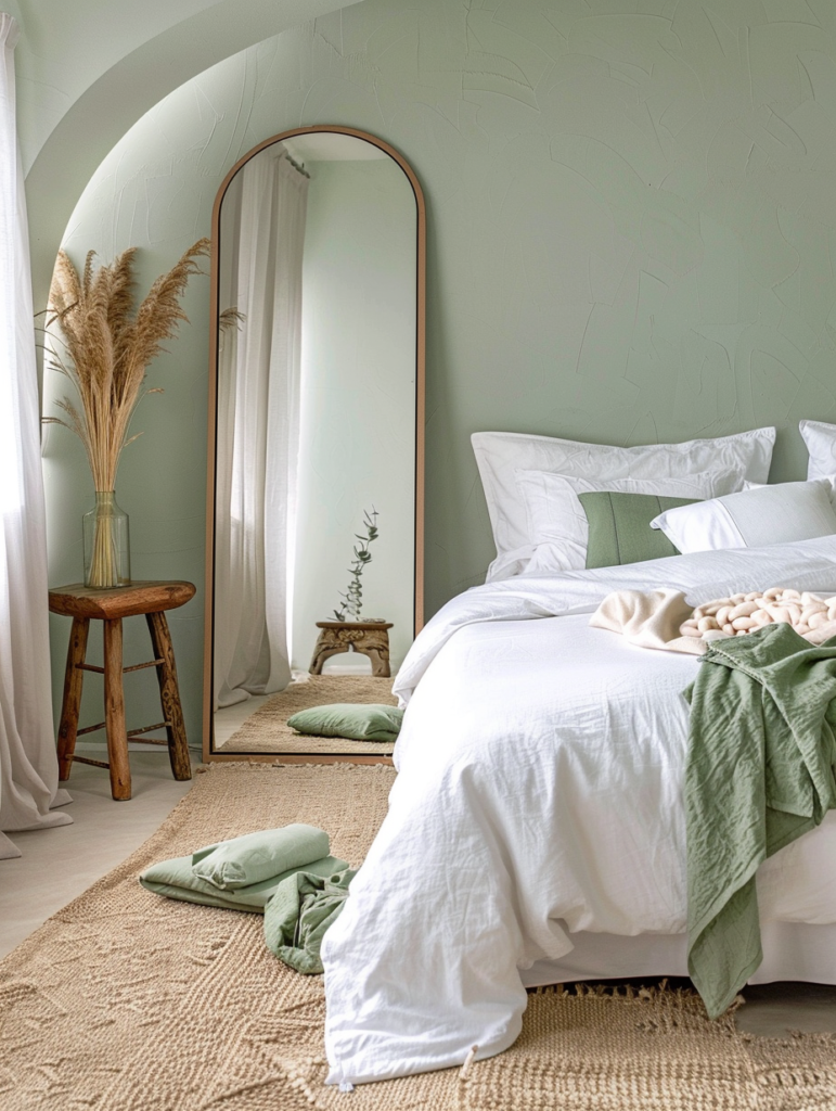 Modern Green Scandinavian Bedroom with a Sculptural Mirror Wall