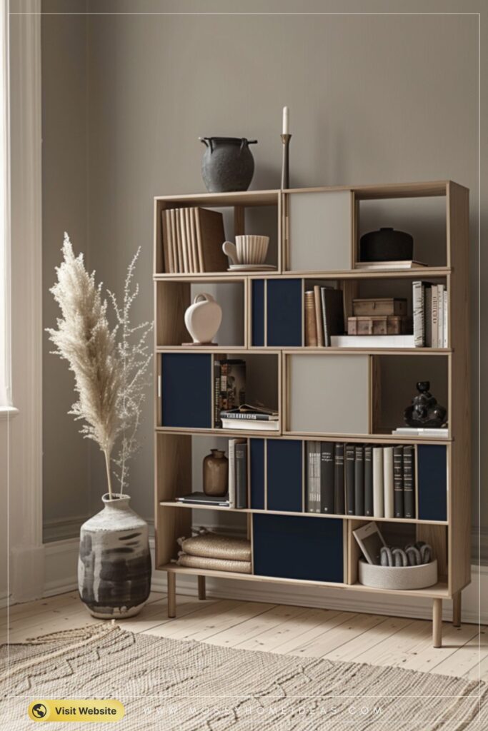 Navy and Wood Geometric Shelf for a Smart Study