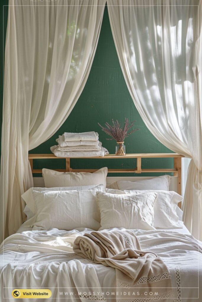 Nordic Forest Green Bedroom with a Canopy-Style Curtain Detail