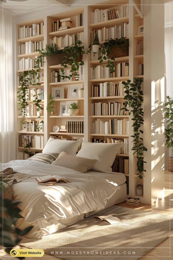 Open Bookshelf Room Divider for an Airy Master Bedroom