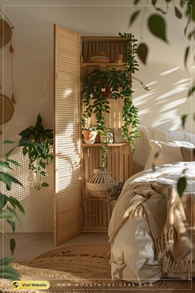 Rattan Shelf Room Divider with Boho Coastal Charm